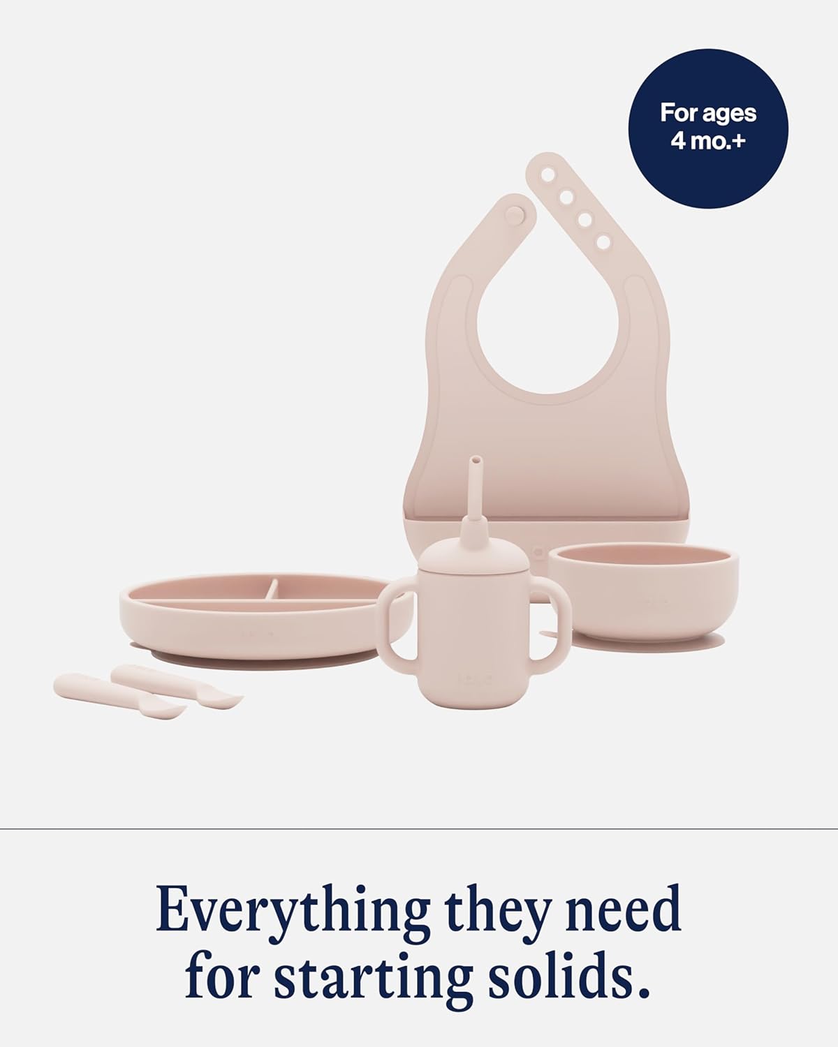 Lalo First Bites Silicone Baby Feeding Set - Baby Led Weaning Supplies - Non-Toxic Silicone - Includes 1 Bib, 2 Spoons, Training Cup, Suction Plate and Bowl - 6 Pieces - Blueberry