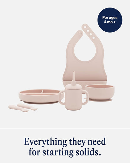Lalo First Bites Silicone Baby Feeding Set - Baby Led Weaning Supplies - Non-Toxic Silicone - Includes 1 Bib, 2 Spoons, Training Cup, Suction Plate and Bowl - 6 Pieces - Blueberry