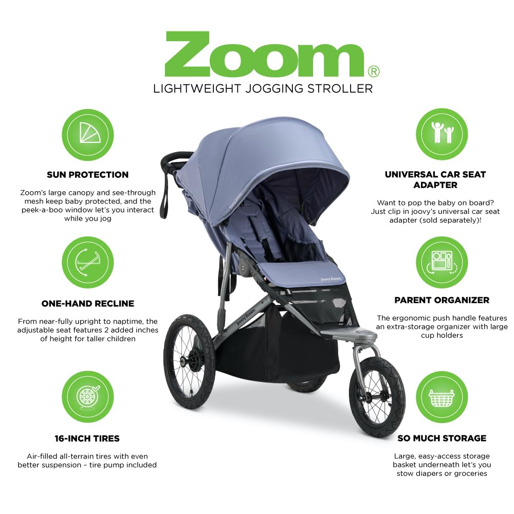 Joovy Zoom360 Ultralight Jogging Stroller Featuring High Child Seat, Shock-Absorbing Suspension, Extra-Large Air-Filled Tires, Parent Organizer, Air Pump, and Easy One-Hand Fold (Black)