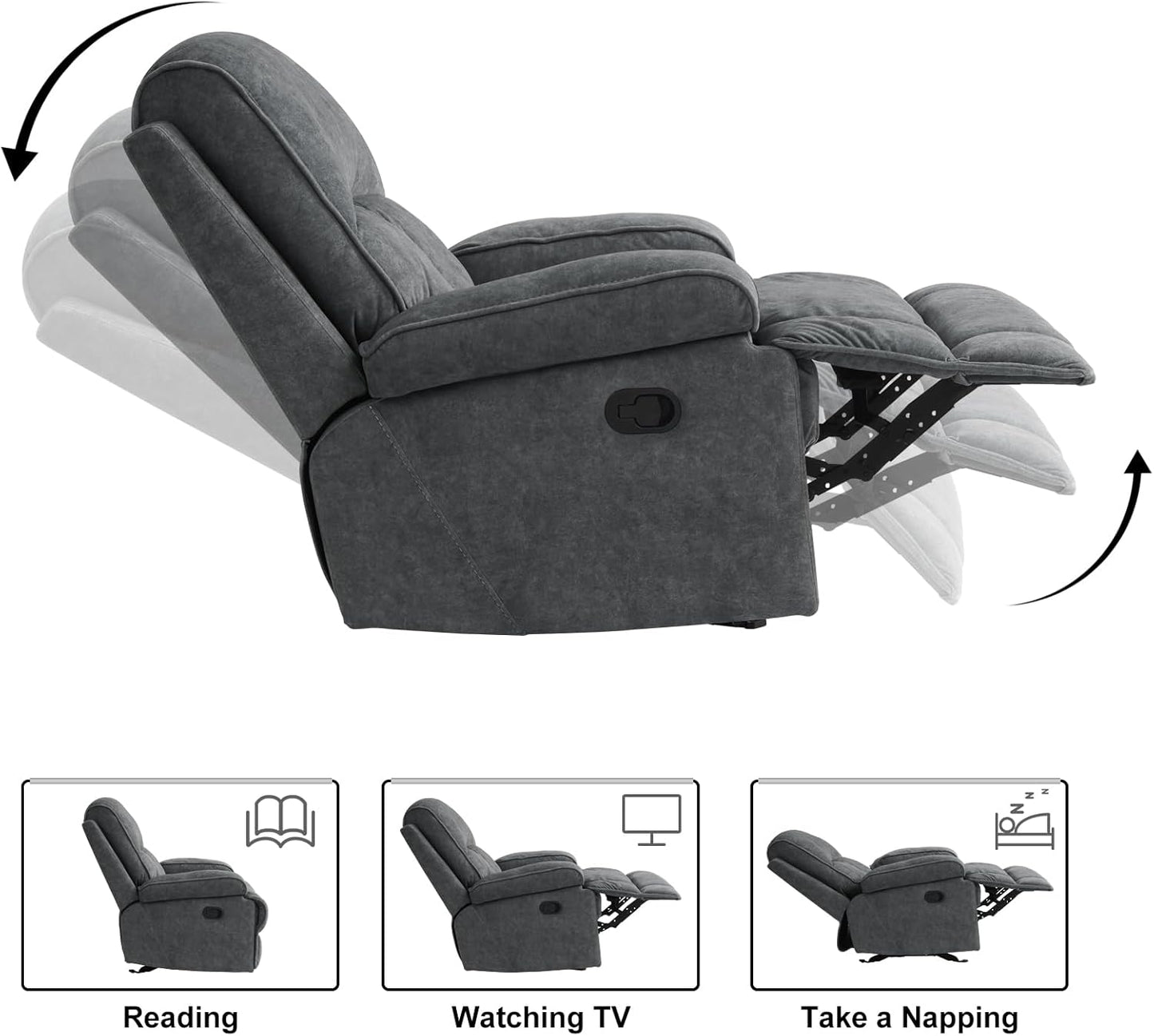 Swivel Rocker Recliner Chair for Adults, High Back Fabric Recliner with Deep Seat, Manual Glider for Living Room & Nursery, Grey