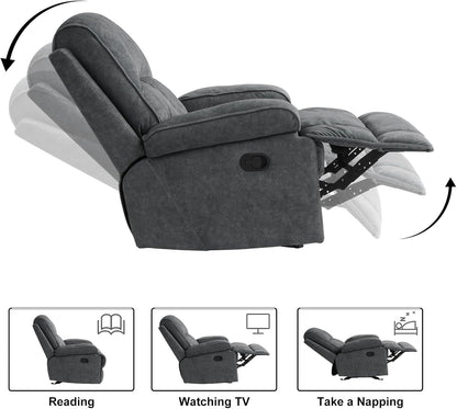 Swivel Rocker Recliner Chair for Adults, High Back Fabric Recliner with Deep Seat, Manual Glider for Living Room & Nursery, Grey