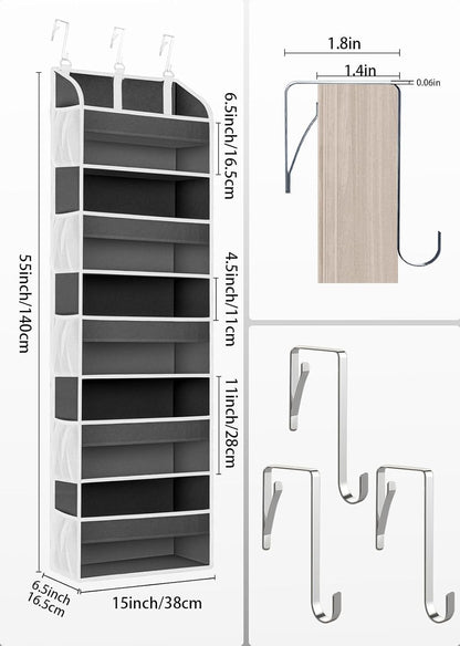 TAHAVICE 1 Pack Over The Door Organizer Storage, Hanging Organizer Closet with 5 Large Pockets 10 Mesh Pockets, 44 lbs Weight Capacity, Behind Door Storage for Nursery Bedroom Bathroom (Dark Grey)