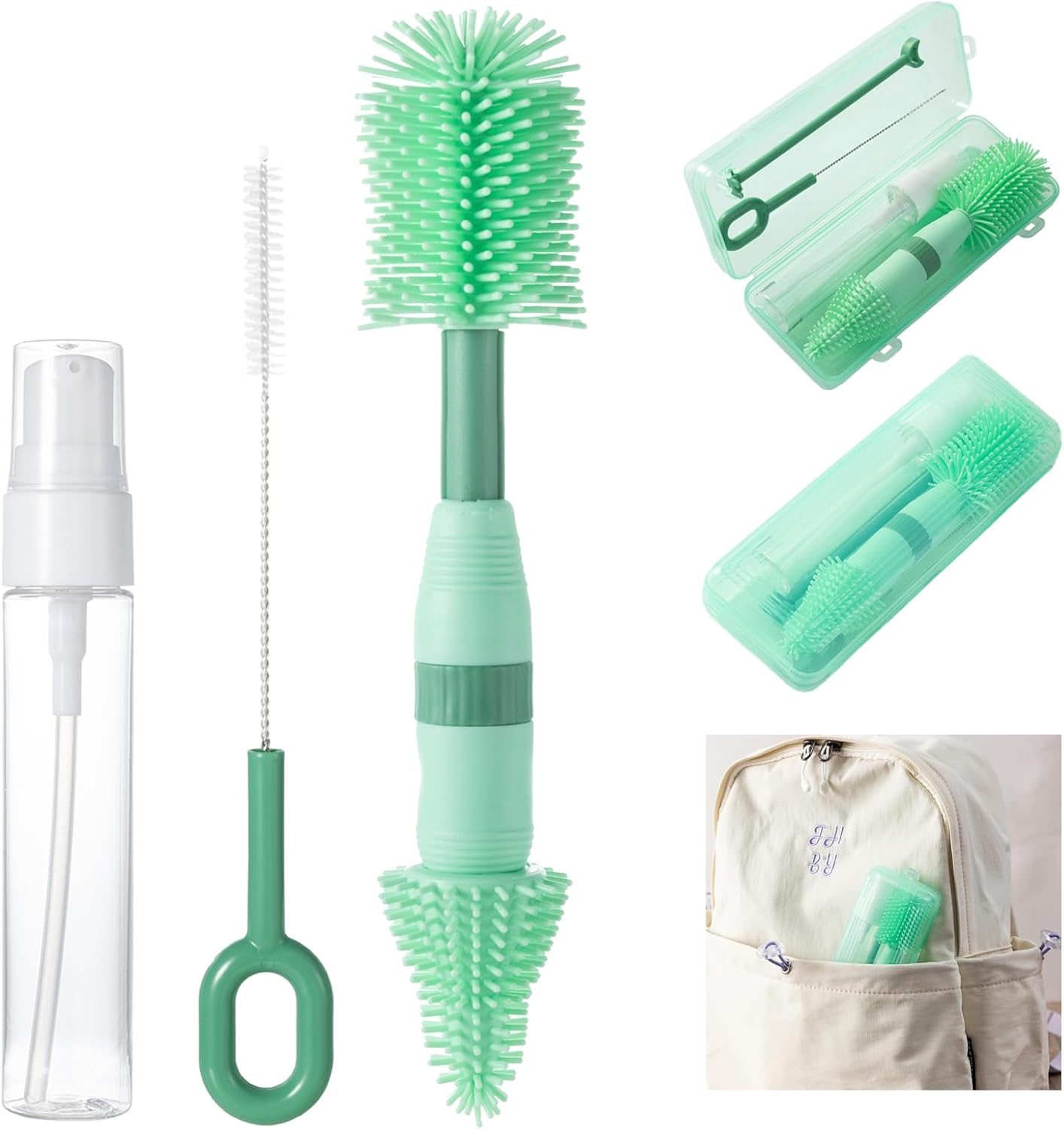 Travel Bottle Brush, 6-in-1 Portable Travel Bottle Cleaner Kit with Small Bottle Brush Built in Drying Rack, Nipple Brush, Straw Brush, Soap Dispenser, for Baby Bottles Under 8 OZ, BPA-Free(Yellow)