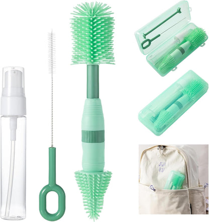 Travel Bottle Brush, 6-in-1 Portable Travel Bottle Cleaner Kit with Small Bottle Brush Built in Drying Rack, Nipple Brush, Straw Brush, Soap Dispenser, for Baby Bottles Under 8 OZ, BPA-Free(Yellow)