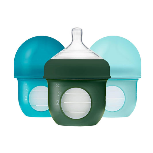 Boon Nursh Reusable Silicone Pouch Baby Bottles - Slow Flow Nipple - Silicone Baby Bottle Pouch and Nipple - Baby Feeding Essentials - Speckle - 0-3 Months - 3 Count - 4 Ounce