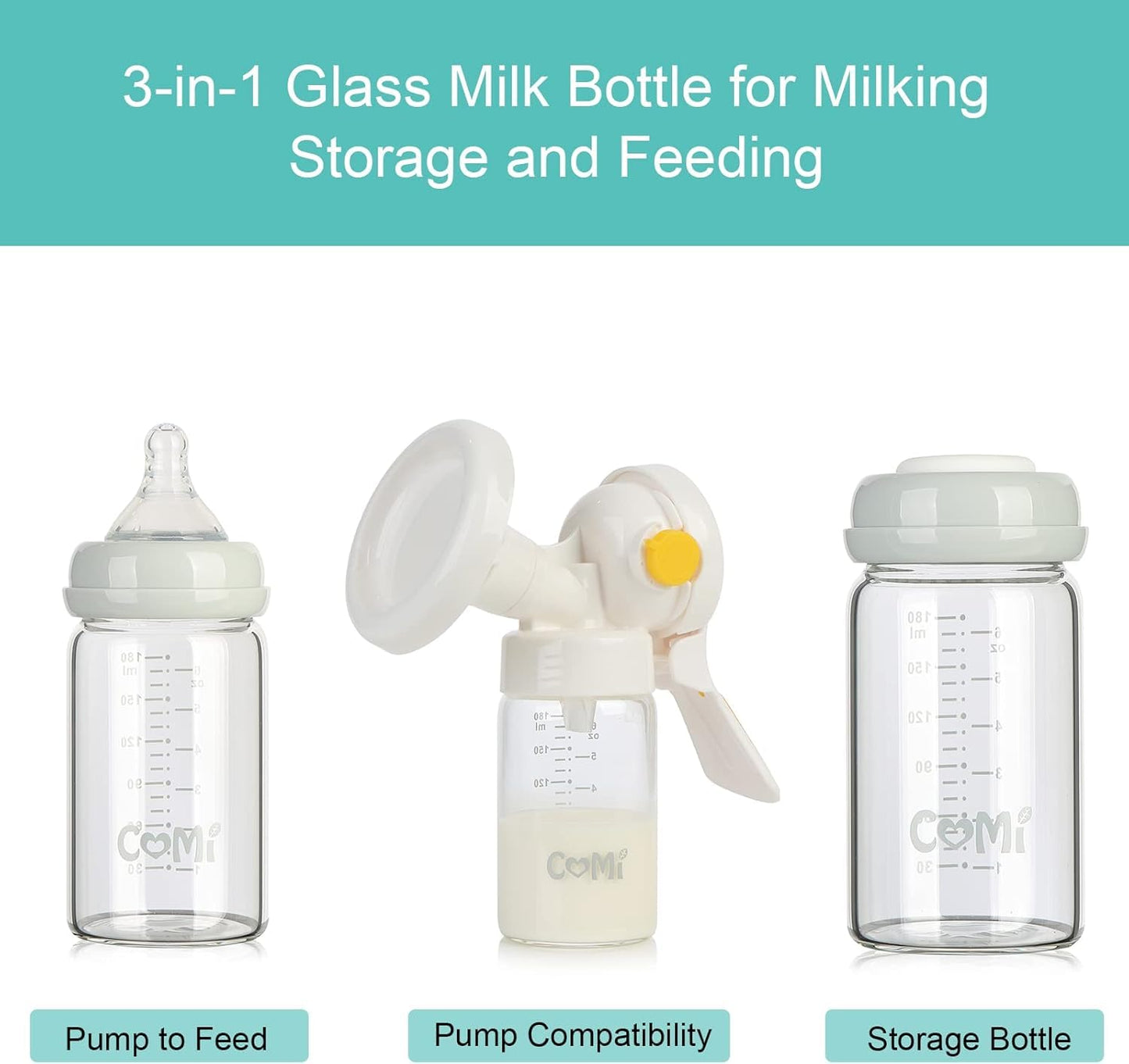 COMI Wide Neck Glass Breastmilk Collection n Storage Bottle, 4 Packs,10oz with Screw Ring Sealing Disk,Re-markable Sealing Disc,BPA Free,Fits Breast Pumps&Nipples(4 Green Lids)