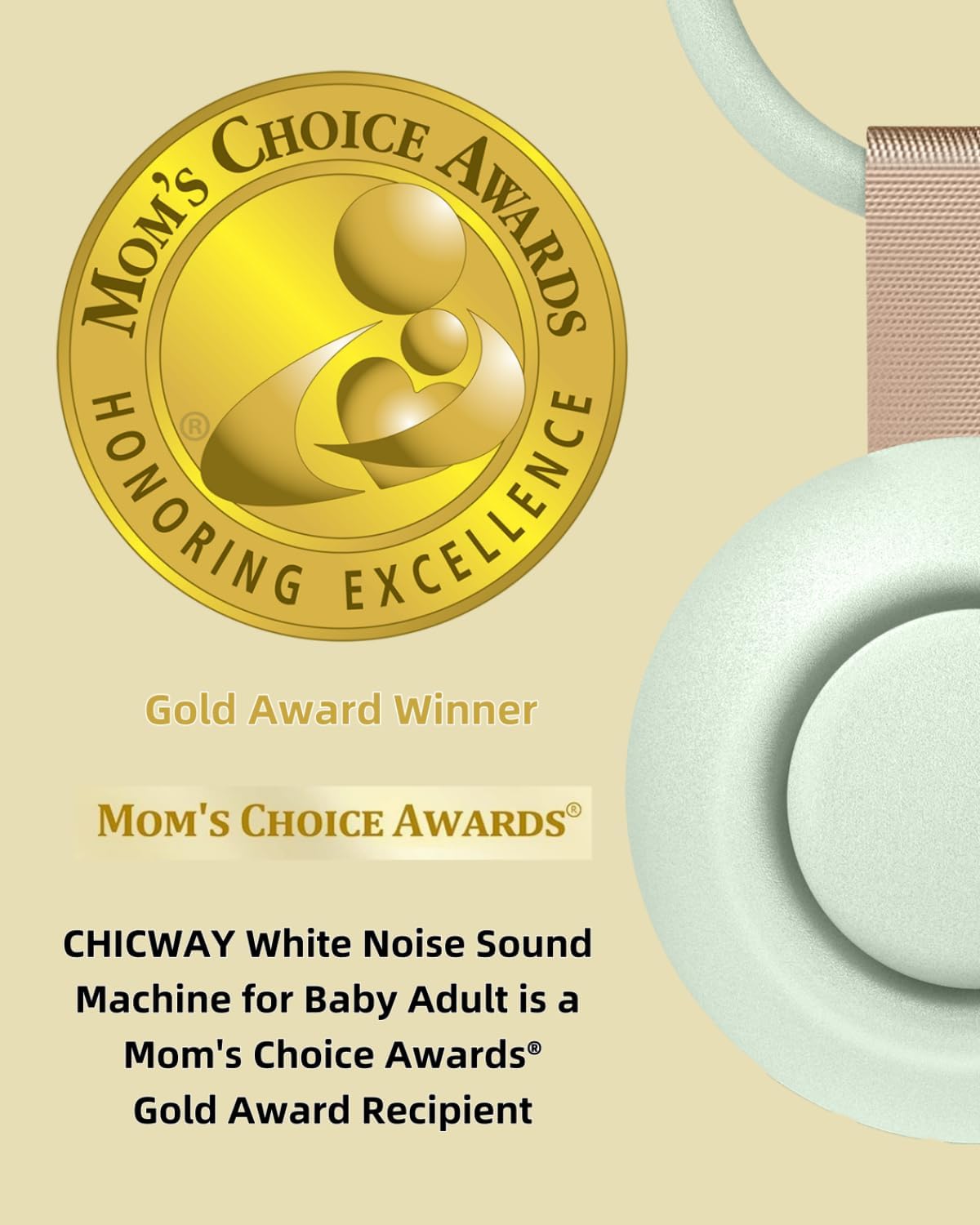 CHICWAY 2026 Mom's Choice Awards, Portable Sound Machine for Baby Adult, AI Cry Detection, 18 Soothing Sound, Bluetooth Rechargeable White Noise Machine for Home Office Travel, Nursery Light, Gray