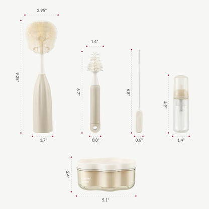Baby Bottle Brush Kit with Push-Press Bubble and Drying Rack for Bottle Cleaning, Bendable Bottle Cleaner Brush for Baby Bottles, Breast Pumps, Nipples, Straws and More. Perfect for Home&Travel (Pink)