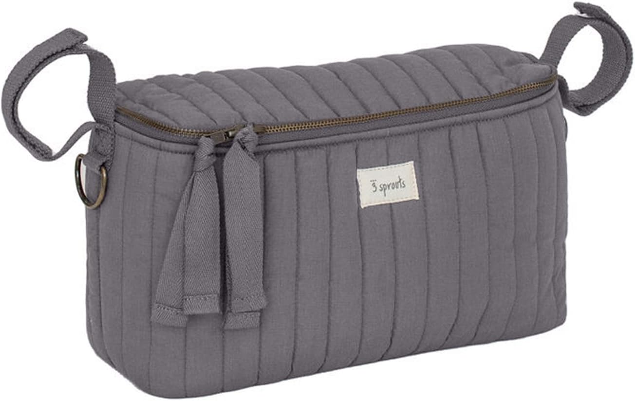 3 Sprouts Universal Quilted Stroller Organizer with Cup Holder and Zip Top - Durable Caddy Accessory with Storage - Shoulder Strap Converts Organizer to Small Diaper Bag - Gray
