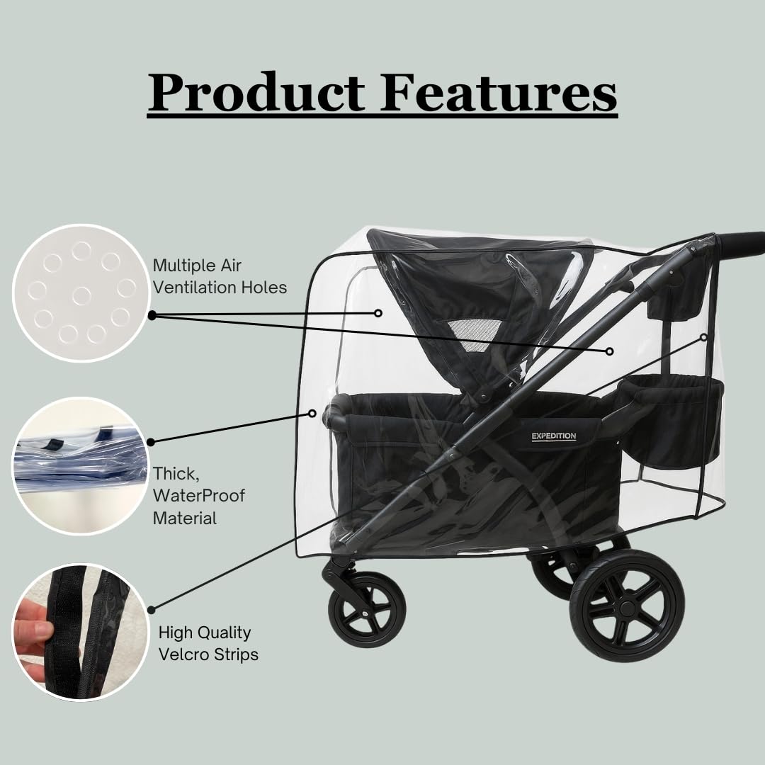 SASHA'S Rain and Wind Cover for Baby Trend Expedition Stroller Wagon/Wagon Plus, Clear Design, Maximum Coverage (Stroller not Included) Made in USA
