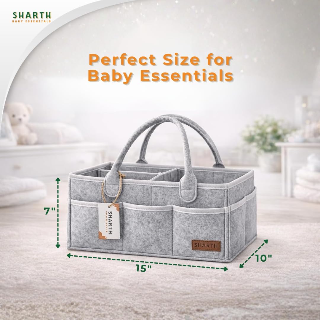 Sharth Baby Diaper Caddy Organizer with Handle, Baby Shower Gifts Basket Bag, Registry Search Must Haves Items, Nursery Storage Organizer for Newborn Girl Boy, Car Diaper Caddy (Gray)