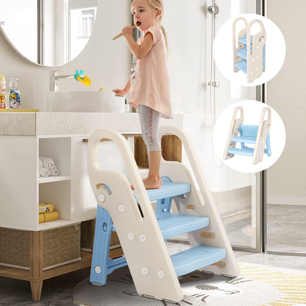 Onasti Foldable Toddler Step Stool for Bathroom Sink, Adjustable 3 Step Stool for Kids Toilet Potty Training Stool with Handles, Child Kitchen Counter Stool Helper, Plastic Ladder for Toddlers Pink
