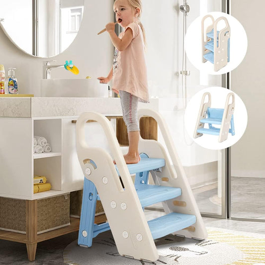 Onasti Foldable Toddler Step Stool for Bathroom Sink, Adjustable 3 Step Stool for Kids Toilet Potty Training Stool with Handles, Child Kitchen Counter Stool Helper, Plastic Ladder for Toddlers Pink
