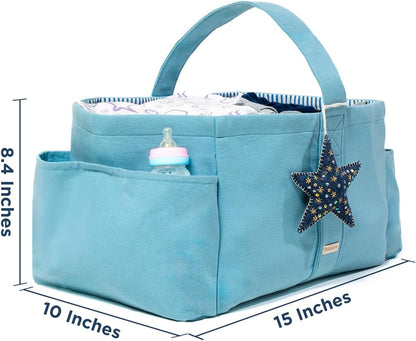 Folkulture Baby Diaper Caddy | Cotton Diaper Bag for Kids - Stylish Comfort Spacious Travel Essential Cart | Nursery Storage Bin and Car Organizer for Diapers, Wipes (Sky Blue - 15")