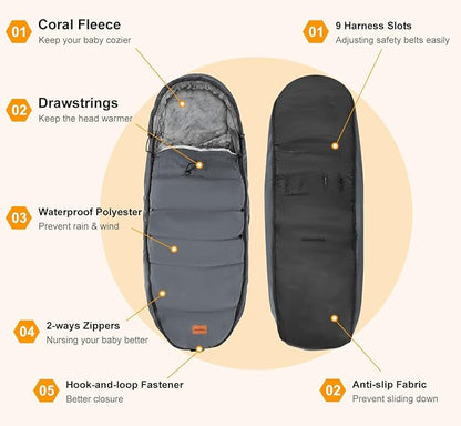 Zooawa Warm Bunting Bag Universal, Waterproof Baby Stroller Sleeping Bag for Cold Weather, Stroller Toddler Footmuff, Extra Thick, Fits 6-36 Months Baby, Gray