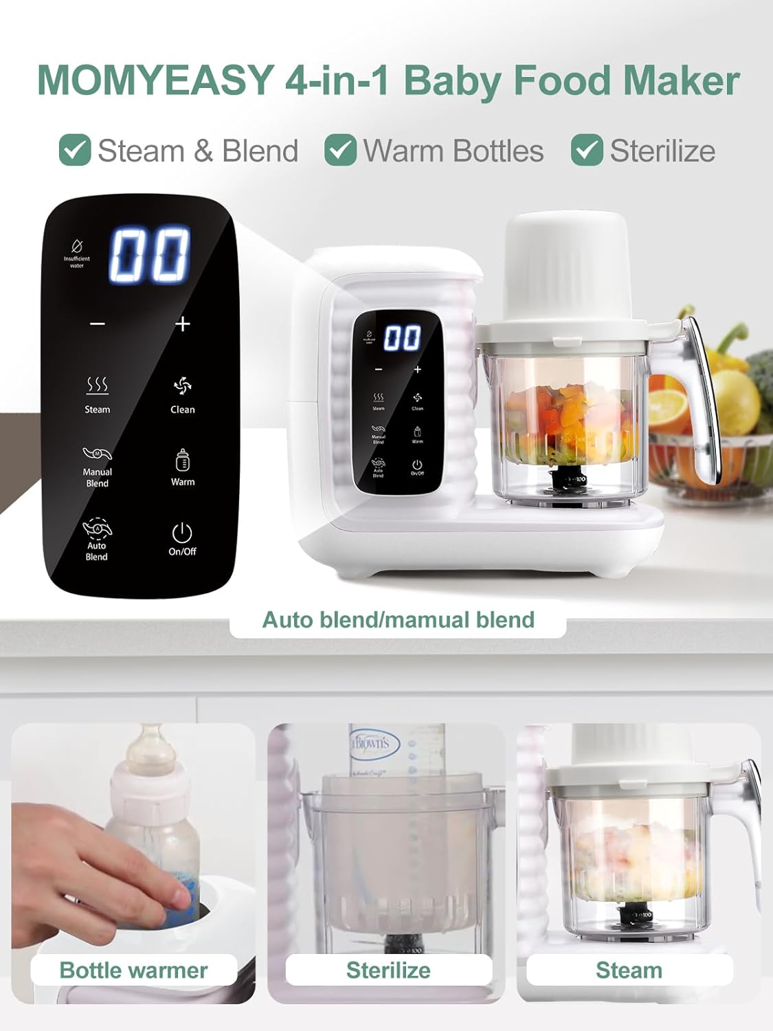 MOMYEASY Baby Food Maker, Baby Food Steamer and Puree Blender, Food Processor Chopper Grinder Steamer in-One, Auto Cooking & Grinding with Touch Control Panel&Self Cleans, BPA-Free