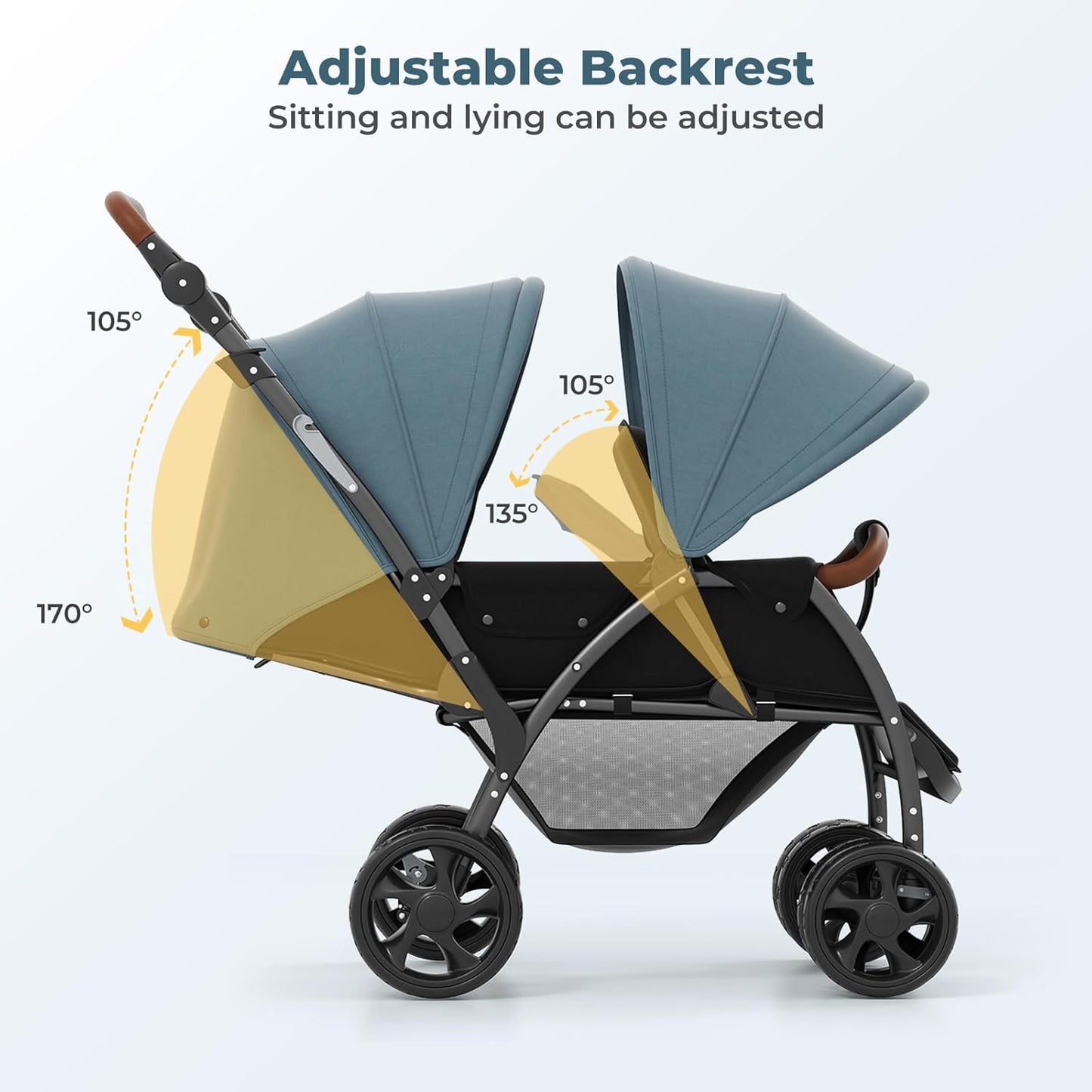 INFANS Double Stroller, Foldable Baby Tandem Stroller with Djustable Backrest Canopy Footrest, 5-Point Harness, Storage Basket, Convertible Compact Twin Stroller for Infants and Toddlers