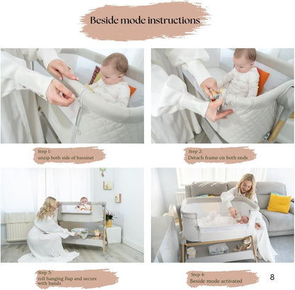 BaeBae Goods 3 in 1 Baby Bassinet with Wheels, Portable Bedside Sleeper for Baby 3 Adjustable Heights & Foam Mattress, Bedside Crib for Newborns & Infants with Storage Basket, Carry Bag Included