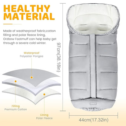 Orzbow Universal Footmuff for Baby, Winter Warm Stroller Bunting Bag, Waterproof Windproof Warm Coral Fleece Lined Toddler Sleeping Bag, Light Grey