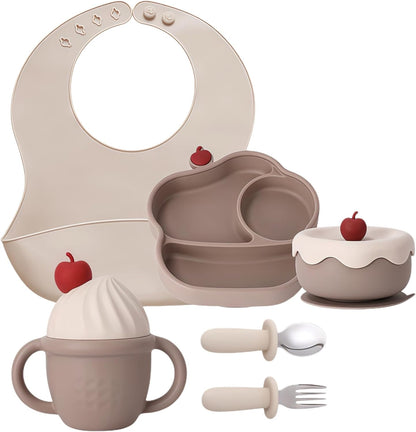 Silicone Baby Feeding Set, Gelato Collection Baby Led Weaning Supplies, First Self-Feeding Ice Cream Set, Silicone Suction Bowl with Cherry Lid & Plate, Straw Cup & Bib, Fork & Spoon - Pink