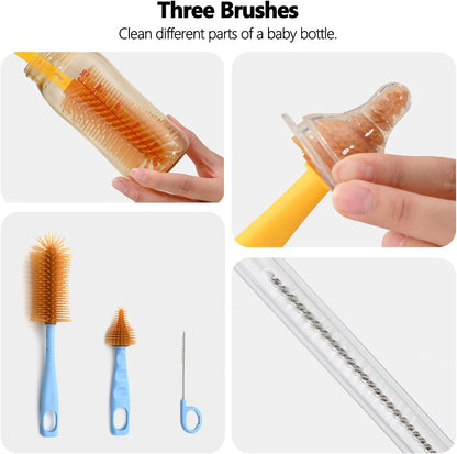 Portable Baby Bottle Brush Kit Premium Silicone Bottle Cleaner Brush, Nipple Brush, Straw Brush, Soap Dispenser, Bottle Drying Rack, and a Storage Organizer Case for Both Home and Travel Uses (White)