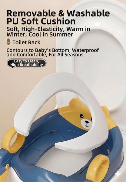 Kids Potty Training Toilet Seat with Step Stool Ladder, Bear Design, Adjustable Height, Non-Slip Steps, Soft PVC Cushion Seat with Handles (A-Pink)