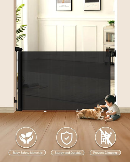 Extra Wide Baby Gate - 71 inch Retractable Mesh Gates for Large Opening, Extra Long Mesh Gate for Babies, Dogs, Baby Gate Anti-Crawling Hook for Stairs Hallways Doorway Indoor Outdoor, Black
