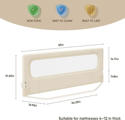 Folding Bed Rail for Toddlers, Baby Bed Rail Guard with Reinforced Anchor Safety System, Toddler Bed Rails for King Size Beds, Twin, Full, Queen (Khaki, 59" L x 21.6" H)