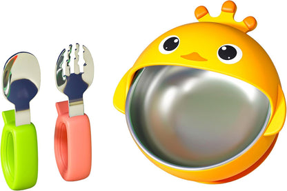 ENERGEVITY Suction Bowls Set for Baby Feeding，Silicone Suction Baby Bowl and Food-Grade 304 Stainless Steel Bowl with Fork and Spoon,Dishwasher Safe (Yellow Duck)