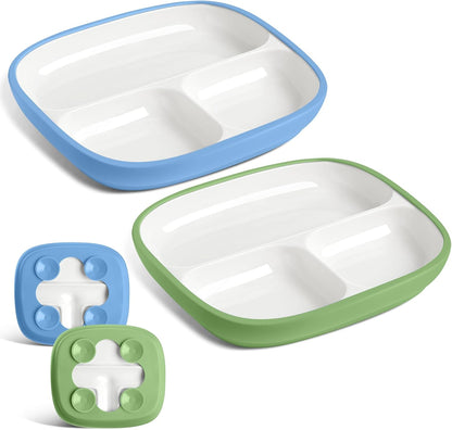 Domensi Kids Porcelain Plates with Silicone Sleeves 8.2 Inch Divided Porcelain Plate Toddler White Suction Dishes for Baby Troubleless Eating Microwave Dishwasher Safe(Stylish,3 Set)