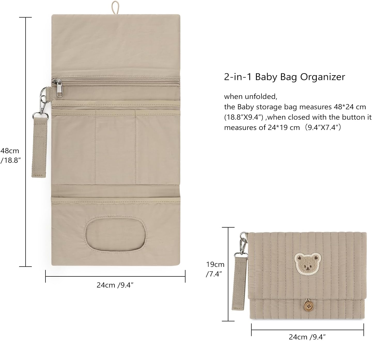 MOMIGO Baby Diaper Bag Organizer Pouches Waterproof Mini Diaper Bag - 2 pcs/set Foldable Hanging Bag Reusable, Washable or Cloth Diapers, with Gift for Baby Shower (Khaki（A）)