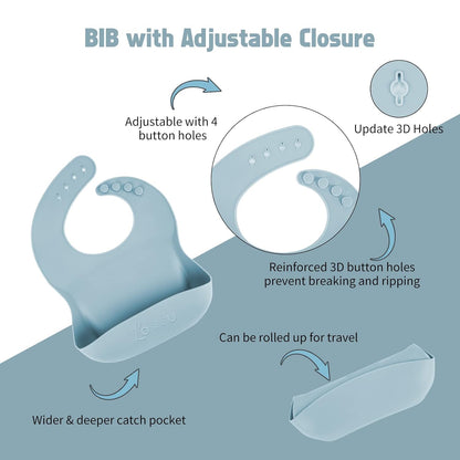 Silicone Feeding Set|Baby Led Weaning Supplies|Suction Plate Bowl Set with Bib, Spoon, Fork, Sippy Cup|Feeding Eating Supplies BPA Free