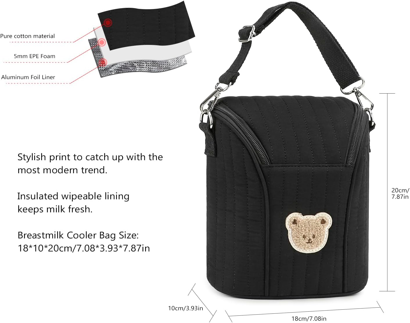 Lmbabter Embroidered Bear Stroller Organizer Tote Bag, Bottle Insulation Pouch, Portable Cooler Storage Essential for Milk/Breast Pump,Baby Travel Supplies (Black)