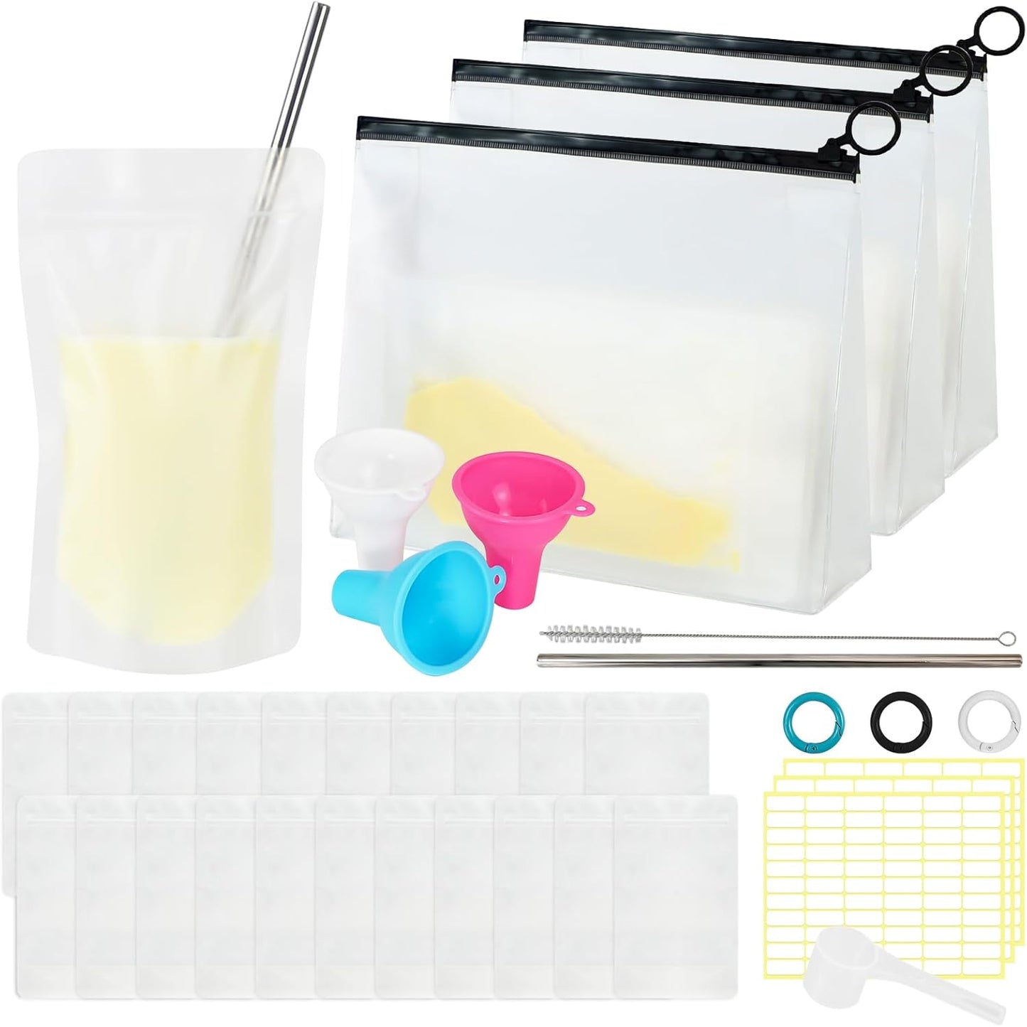 MUOUAKATE Protein Powder Travel Container Set - Reusable Powder Supplement Container To Go - 21pc Single Dose Bags and 3pc Large Travel Containers Zip Up Bags