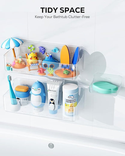 Nieifi Bath Toy Storage Holder, Bathtub Toy Storage, Large Capacity Bath Toy Organizer, Adhesive Shower Caddy for Bathroom, Clear (2 large + 1 small)