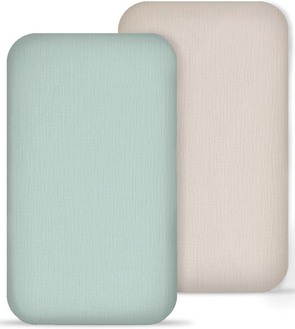 Muslin Bedside Bassinet Sheets 2 Pack, 33x20 Fitted Ultra Soft & Breathable Bedside Sleeper Sheets, Ideal for Baby Girl and Boy, Perfect for Newborns (Hopping Bunnies & Beige)