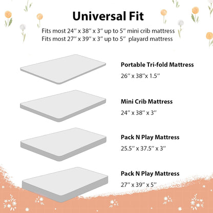 Baby Mini Crib Sheets Girl, Portable 38”x26” Pack and Play Sheets Fitted for Playard and Pack N Play Mattress, 3-Pack Soft Microfiber Pink Rainbow