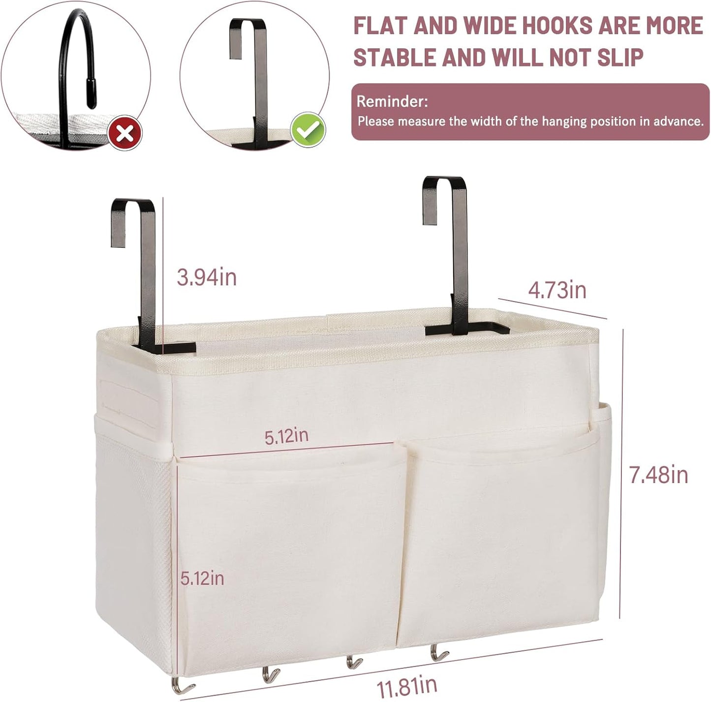 Bedside Storage Organizer 5 Pockets with 4 Hooks Hanging Storage Bag for Headboards/Bunk Bed (Pink)