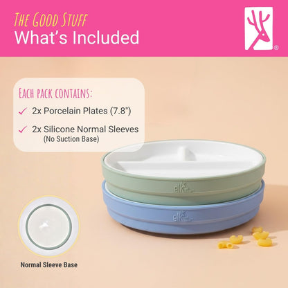 Elk and Friends Kids 7.8” Porcelain Divided Plates with Silicone Sleeves | Suitable for Babies/Kids/Toddlers | Microwave & Dishwasher Safe | Non Slip | Snack Dishes
