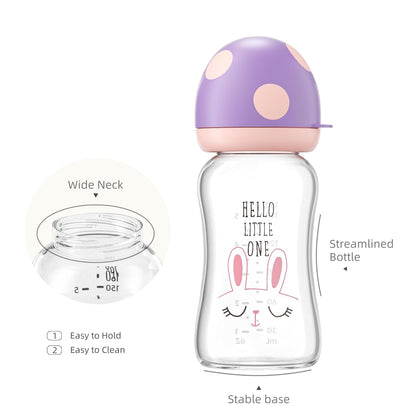 YOHKOH Natural Glass Baby Bottle with Level 1 Slow Flow Nipple, Newborn Anti-Colic Baby Bottles, Wide Neck Mushroom Baby Glass Bottle (Multicolour-A, 3.4oz (Pack of 4))