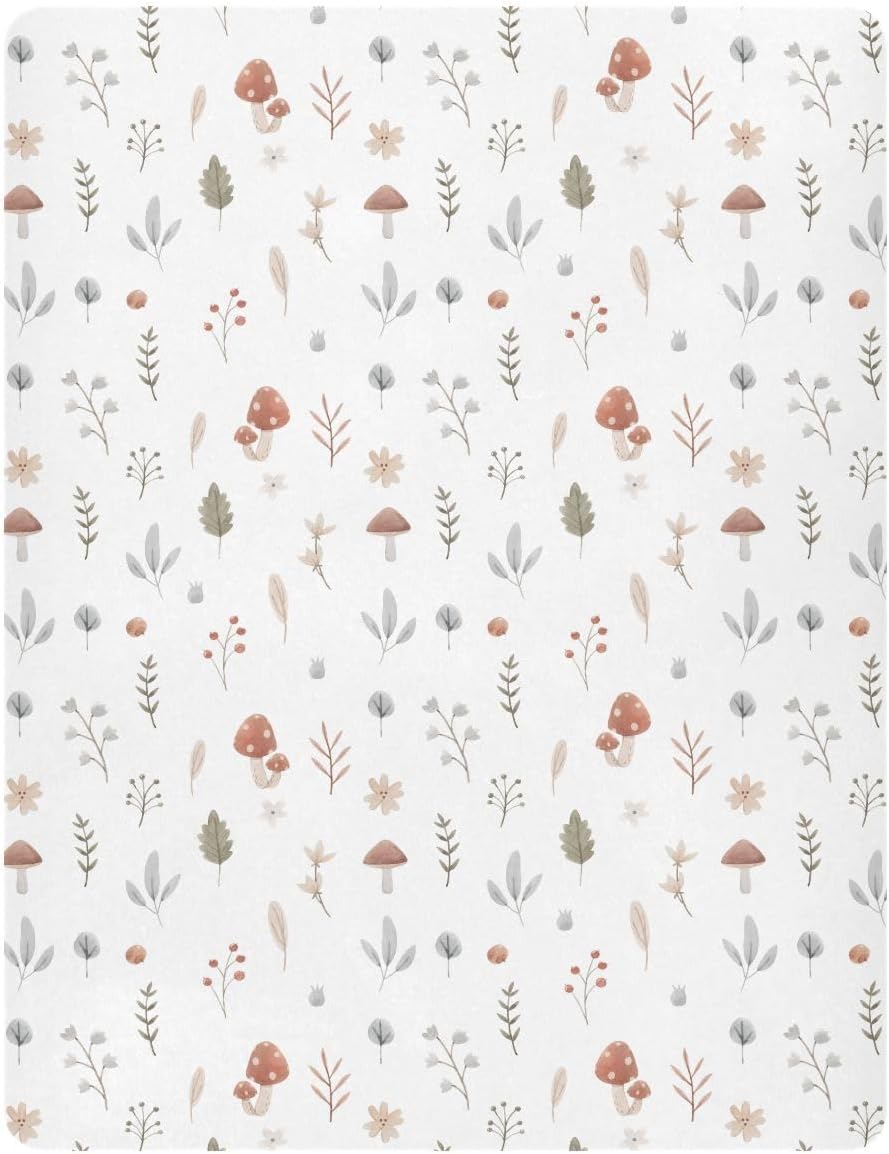 Fall Cute Mushroom Leaves Fitted Crib Sheets Stretchy Portable Playard Sheets for Baby Toddler, Breathable Soft Mini Crib Mattress 52 x 28 in for Boys and Girls