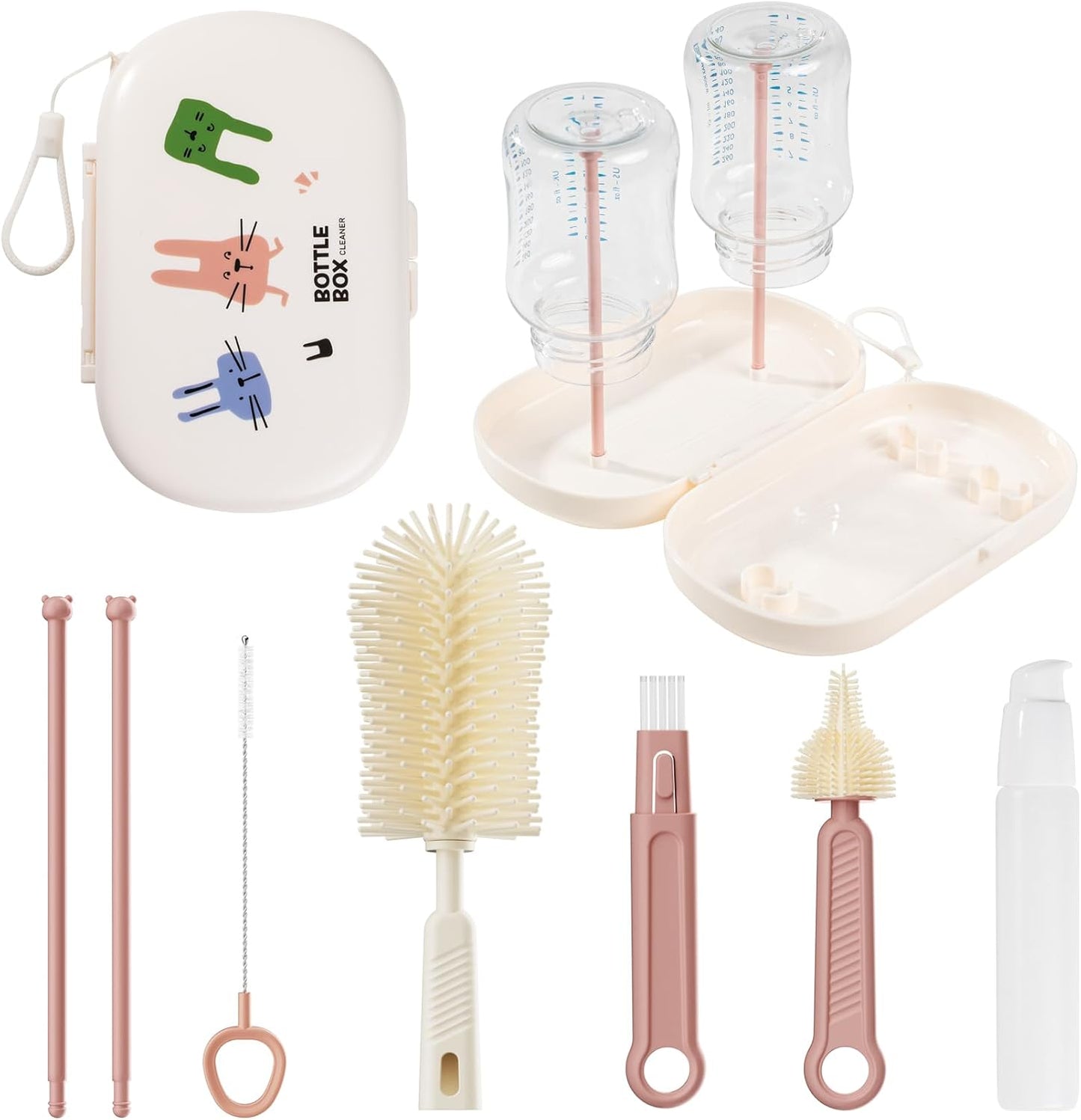7-in-1 Baby Bottle Brush Set, Silicone Bottle Cleaner Kit with Nipple & Straw Brush, Soap Dispenser, Drying Rack & Travel Storage Case, Baby Bottle Cleaning Essentials (Green-Crocodile