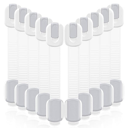 10 Pack Cabinet Locks Baby Proofing, Child Proof Cabinet Locks with 3M Adhesive - Easy Installation with Adjustable Straps, Multi-Purpose Child Safety Latches for Drawers Fridge Trash Cans White-Gray
