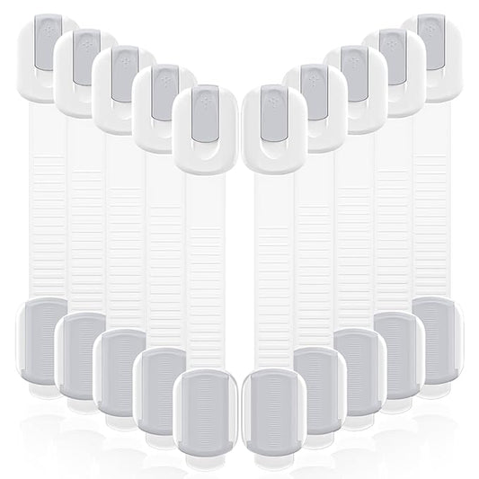10 Pack Cabinet Locks Baby Proofing, Child Proof Cabinet Locks with 3M Adhesive - Easy Installation with Adjustable Straps, Multi-Purpose Child Safety Latches for Drawers Fridge Trash Cans White-Gray