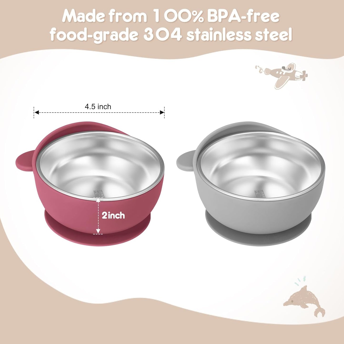2 Pack Stainless Steel Baby Bowls with Suction, Toddler Bowls with Removable Silicone Shell for Kids, Non-Slip Toddler Baby Feeding Set Dishwasher Safe-Gray & Blue
