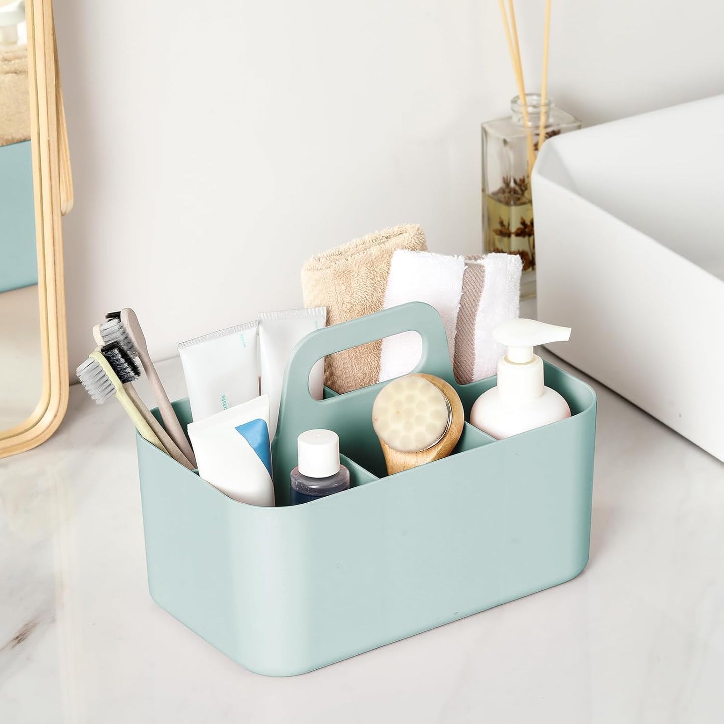 Multiuse Caddy Organizer with Handle, Portable Divided Plastic Tote Bin - Art Craft, Stationary Pen Marker Crayons, Makeup Hair Supplies Storage - Bathroom, Classroom, Dorm, Office, Desk Holder - Pink