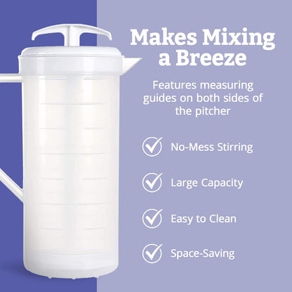 JBK Pottery 2-Quart White Mixing Pitcher with Plunger – BPA-Free Plastic Mixing Jug for Juice, Milk, Tea, Shakes, and More – Dishwasher-Safe, Spill-Proof Lid, Smart Stirring Design