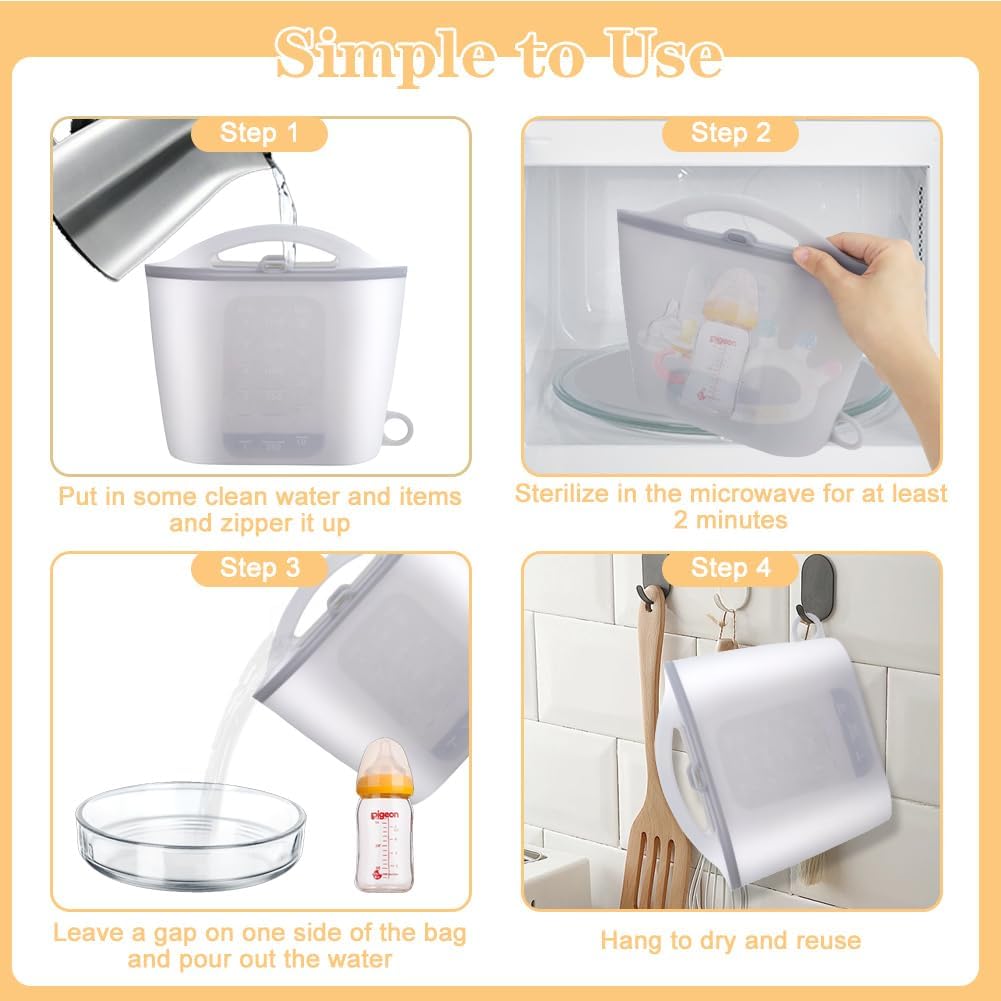 Silicone Microwave Steam Sterilizer Bag 1500ML Reusable Steaming Bags for Baby Bottles, Breast Pump,Pacifiers and Teethers，Breast Feeding Baby Travel Accessories