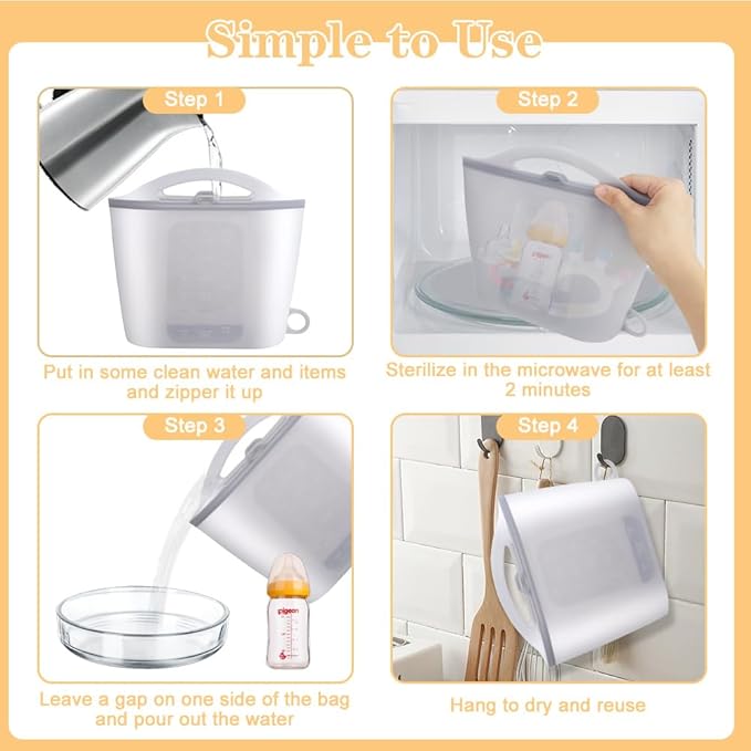 Silicone Microwave Steam Sterilizer Bag 1500ML Reusable Steaming Bags for Baby Bottles, Breast Pump,Pacifiers and Teethers，Breast Feeding Baby Travel Accessories
