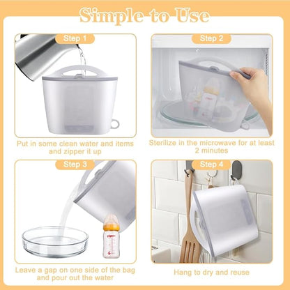 Silicone Microwave Steam Sterilizer Bag 1500ML Reusable Steaming Bags for Baby Bottles, Breast Pump,Pacifiers and Teethers，Breast Feeding Baby Travel Accessories
